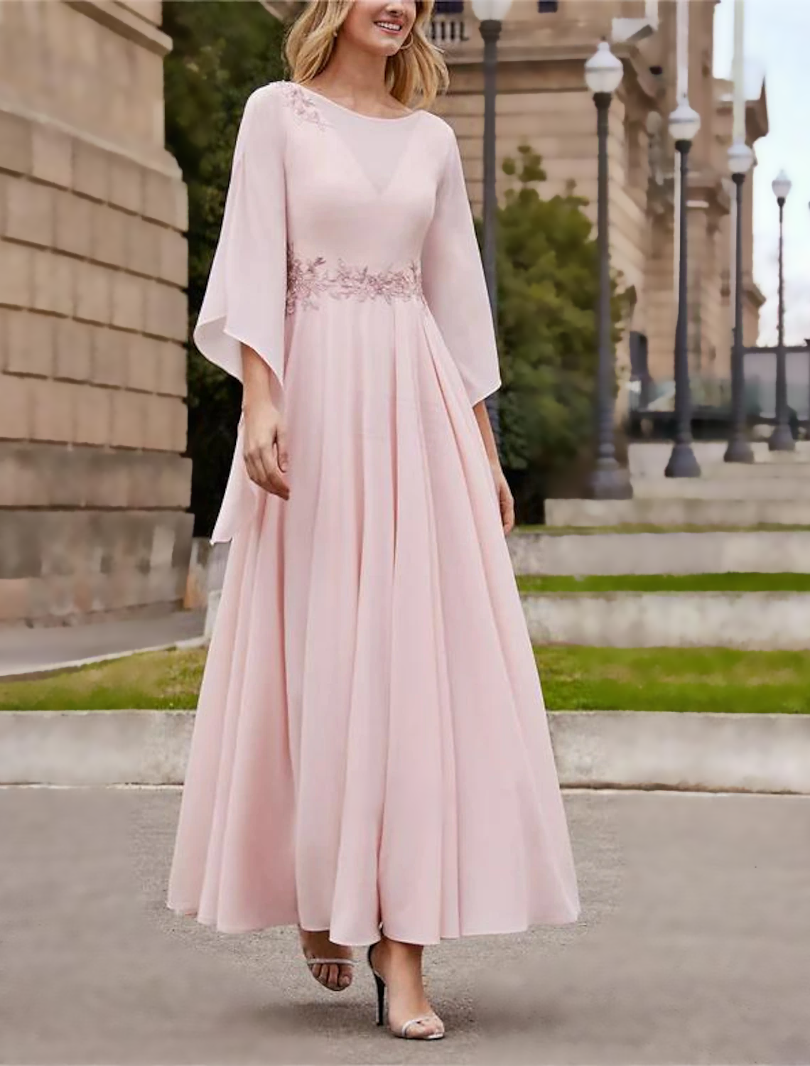 Vestido de madre de la novia de corte A, formal, para invitada de boda, elegante, cuello barco, largo hasta los tobillos, de gasa, manga 3/4 con cuentas y lentejuelas, talla personalizada gratuita